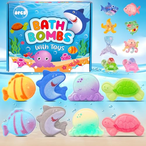 Badekugeln Kinder mit Überraschung, 8 Stück Meeres Themen Set Badebomben mit Spielzeug mit Hai, Schildkröte, Oktopus - Badebomben mit Ätherischen Ölen, Geschenk für Mädchen & Jungen