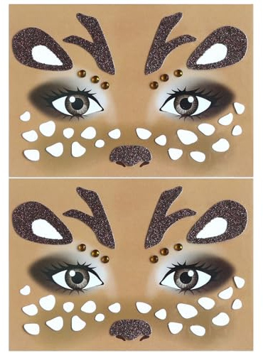 Gleevio Reh Gesichtstattoo Karneval,2 Stück Reh Schminke Face Art Sticker,Glitzer Tattoo Gesicht Karneval,Temporäre Tattoos,Aufkleber Rentier Kostüm Damen Zubehör für Fasching,Face Sticker,Motto Party