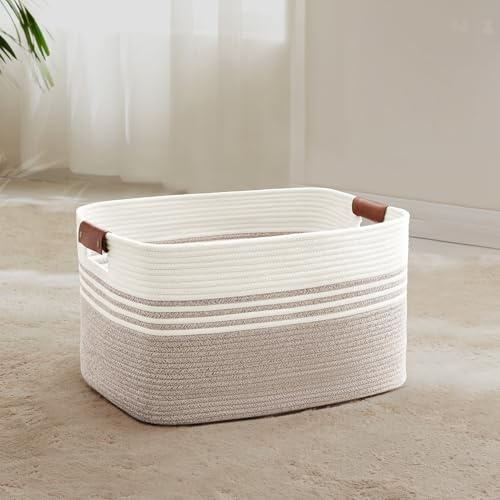 MYHOMMATTO 45L Small Woven Laundry Basket Hamper with Leather Handles,Brown | cotton rope basket for Living Room Blanket Storage,wicker basket for Kids Toy,Gift,Bathroom,Bedroom Dirty Clothes