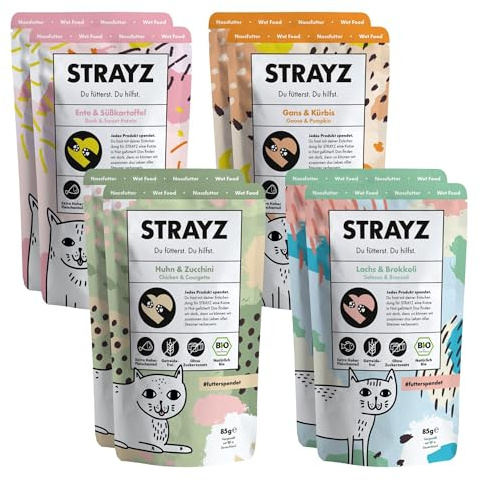 STRAYZ Bio Katzenfutter Nass Probierpaket – 4 Sorten, getreidefrei | 8x85g | Echtes Bio-Fleisch von kleinen Höfen, getreidefrei, ohne Zucker & Bindemittel, Monoprotein