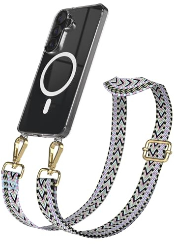 EAZY CASE Handykette - Verstellbares Taschenband kompatibel mit Galaxy S26, Schulterriemen, Handykordel mit Silikon Hülle, Qi Charging kompatibel, Umhängetasche, Lila Grün Gold