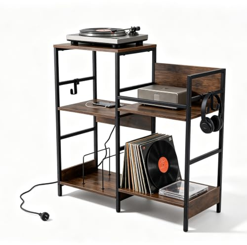 KOMFOTTEU Plattenspieler-Schrank mit Steckdose, Vinyl-Regal bis 200 Alben, 3 Haken, HiFi-Turm für CD DVD Manga Bücher, Vintage Möbel für Wohnzimmer, Schlafzimmer