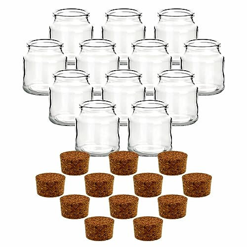 gouveo 12er Set Gewürzgläser 200 ml Rondo mit Presskorken - Leere Korkengläser zum Befüllen - Runde Vorratsgläser mit Korken für Kräuter, Gewürze, Kosmetik