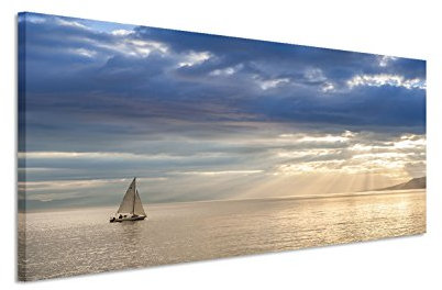 Eau Zone GmbH Kunstdruck auf Leinwand 150x50cm Landschaftsfotografie – Kleines Segelboot am Leman See Schweiz