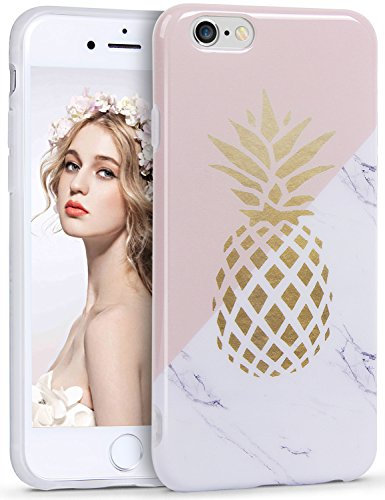 Imikoko iPhone 6s Case, iPhone 6 Case Pineapple Print Clear Crystal Bumper Pink Cute Marble Glossy Pattern Slim Fit Snap On Hard Silicone Protective Back Case For Apple iPhone 6/6S 4.7
