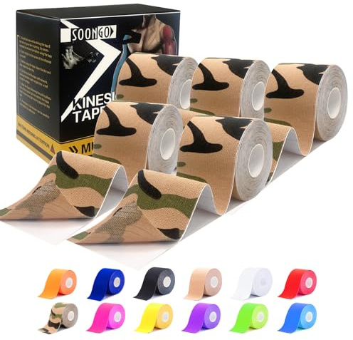 Kinesiology Tape Rock Tape Physio tape1/2/5 Rolls Relieve Muscle Soreness and Strain Shoulders Wrists Knees Ankles Elastic Waterproof Good Air Permeability Hypoallergenic Camo 5cm*5m By SOONGO