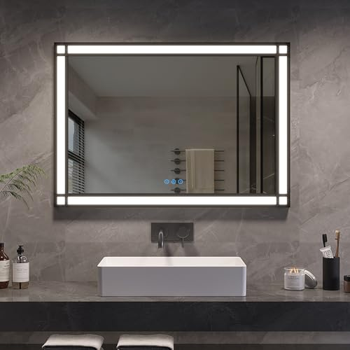 AQUABATOS Specchio da bagno LED con illuminazione 100x70 cm effetto finestra specchio luminoso cornice in alluminio nero specchio decorativo dimmerabile antiappannamento