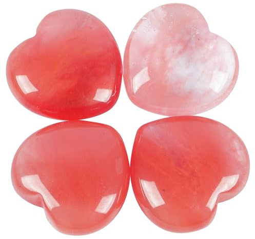 Loveliome Lot de 4 pierres de quartz cerise en forme de cœur et de palmier pour équilibrage Reiki (2,5 cm)