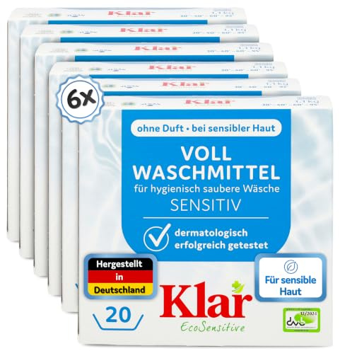 Klar Vollwaschmittel Pulver Sensitive 6x1,1kg - 120 Ladungen - Allergiker Waschpulver ohne Duft - Bio Waschmittel Pulver mit natürlichem Waschnuss Extrakt - VEGAN & Enzymfrei
