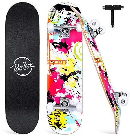 BELEEV Skateboard 31x8 Zoll Komplette Cruiser Skateboard für Kinder Mädchen Erwachsene, 7-Lagiger Kanadischer Ahorn Double Kick Deck Concave mit All-in-one Skate T-Tool für Anfänger (Graffiti)