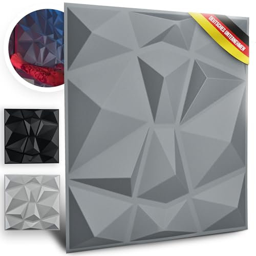 WANEELL - Kunststoff 3D Wandpaneele Diamond Design - 12Stück 50cm x 50cm Wandplatten (3qm) - Hochwertige PVC Paneele ideal für die Gaming Wand - Auch als Deckenpaneele (3d Wandpanele Anthrazit)