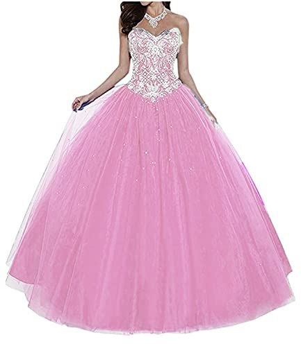 Dresses Onlie Robe de soirée Quinceanera - Avec strass - Pour femme - Longue robe de mariage - Élégante robe de bal, Rose 01, 46