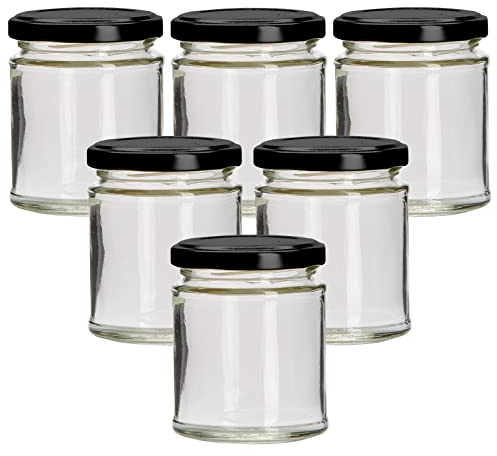 Balliihoo Homebrew Pack Of 6 x 190ml Round Glass Food Jar With Black Twist Off Lids (Choice Of Lid Colours)
