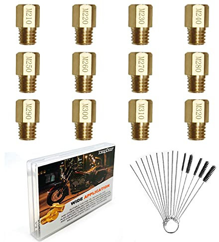 M5 Vergaser Düsen, Set 12 Düsen 5mm für Vergaser, Düsenset Feinabstimmung Vergaserdüsen Satz Hauptdüsen,210,220,230,240,250,260,270,280,290,300,310,320 für Roller Motorrad Schaltmoped Mit Bürste