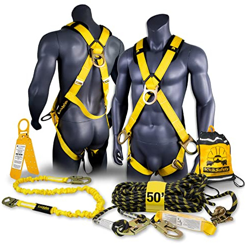 KwikSafety - Charlotte, NC - MONSOON Safety Harness [ASSEMBLY] ANSI Tested OSHA Compliant Fall Protection, 50FT Lifeline, 6FT Lanyard & Roof Anchor