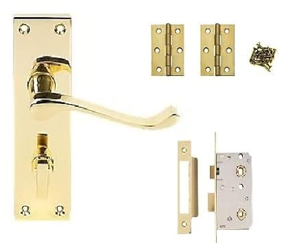 Golden Grace Victorian Scroll Bathroom Door Handles with 64mm Bathroom Lock Set and 1 Pair of 3 Butt Hinges in Premium Polished Brass Finish