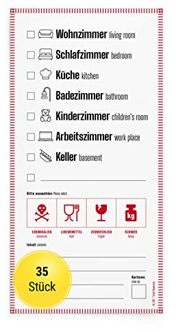 Frank Paperman® | 35 x Aufkleber für Umzugskartons | Etiketten selbstklebend zum Beschriften | DIN lang hochkant | auf Deutsch und Englisch | Umzug Hilfsmittel | packing boxes