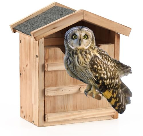 Eulenhaus Vorgefertigte Box für draußen kreischende Eulen & Turmfalken – große handgefertigte rechteckige Öffnung aus Holz mit Ständer, Befestigungsschrauben, einfache Montage