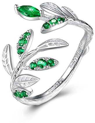 CRYSLOVE Damen Ringe 925 Sterling Silber Olivenblatt Öffnen Verstellbare Einstellbares Zirkonia Damenring mit Grünen Zweigen Promise Stapelring Eheringe Ring,Damen Schmuck