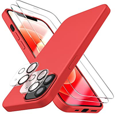 Dssairo [5-in-1 für iPhone 12 Mini Hülle 5.4, mit 2 Displayschutzfolien + 2 Stück Kameraobjektivschutz, Flüssigsilikon, schlank, stoßfest, Schutzhülle [Mikrofaser-Futter] (rot)