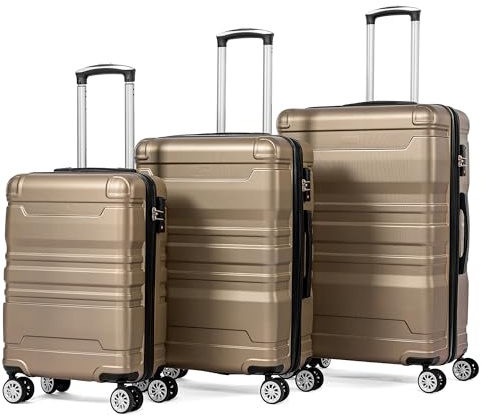 Merax Hartschalenkofferset Hartschalenkoffer Reisekoffer Set, Trolley Koffer mit TSA-Schloss und Universalrad, Erweiterbar, Carry-On, Rollkoffer mit Teleskopgriff, M-L-XL, Gold