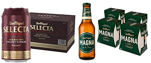 San Miguel Selecta - Cerveza Tostada Extra, Pack de 24 Latas x 33 cl - 6,2% Volumen de Alcohol & Magna - Cerveza Dorada Lager, Pack de 24 Botellas x 25 cl - 5,7% de Volumen de Alcohol