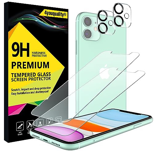 4youquality [4-in-1 Screen Protector for iPhone 11 with Camera Lens Protector, Tempered Glass Film, 2-Pack Each, [LifetimeSupport][Impact-Resistant][Anti-Scratch][Ultra-Transparent]