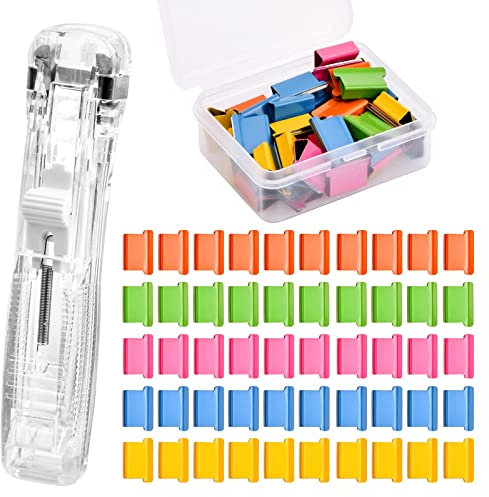 Klammerloser Hefter, Transparenter Tragbarer Handhefter, Wiederverwendbar Nahtloser Hefter, Bunt Clips Heftklammern, Farbige Ersatzklammern aus Metall (50 Stück)