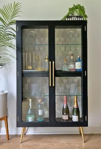 Casa Padrino Luxus Vitrine mit LED Beleuchtung Schwarz/Gold 124 x 57 x H. 177 cm - Beleuchteter Massivholz Vitrinenschrank mit 2 Glastüren - Wohnzimmer Möbel - Luxus Möbel