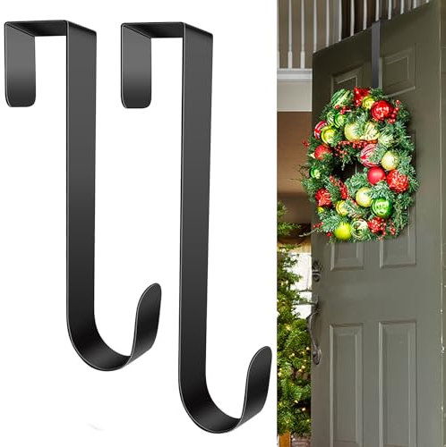 Türhaken zum Einhängen Innenseite,Kranz Aufhänger Türhaken für Weihnachten Tür,Schwarze Kleiderhaken für Tür innen,Platzsparende Türgarderobe für Rückseite der Tür,Schwarzer Metallhaken (31cm, 2Stück)