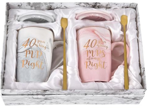Joymaking 40. Regalos de boda de rubí para parejas, padres abuelos, regalos de 40 onzas para padres y amigos, taza de café regalo para aniversario, Navidad, día de San Valentín, 400 ml, gris-rosa