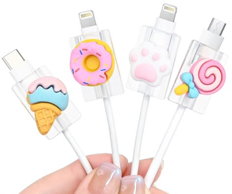 Cute Cable Protector for iPhone/iPad/Type-C Cable, 4pcs Set Charging Cord Protector Lovely 3D Pink Cat Paw Donut Cone Design Anti-Break Cord Cover, Cable Sleeve,Cable Case, Cable Chomper