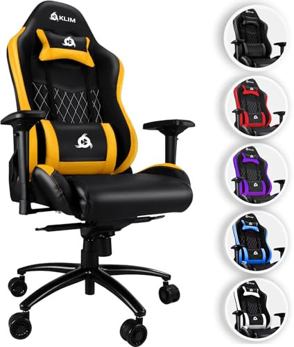 KLIM Esports Chaise Gaming – Chaise de Bureau avec Accoudoirs 4D, Capacité de 170 kg, Dossier Inclinable, Fauteuil Ergonomique avec Coussins Cervical et Lombaire, roulettes Silencieuses – Jaune