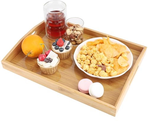 DBREAKS Bambus Serviertablett mit Griffen, Holztablett Rechteckig, Groß Holz Tablett, Küchentablett, Decorative Wooden Tray, Servierplatte für Frühstück, Tee, Couchtisch, Küchen Deko Bett 40x29x5cm