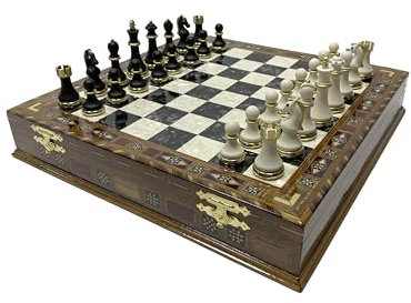Antochia Crafts 16,5 Zoll großes Schachset für Erwachsene - Luxus-Schachfiguren mit 2 zusätzlichen Königinnen und Holzschachbrett mit Mosaikdetails (Schwarz)