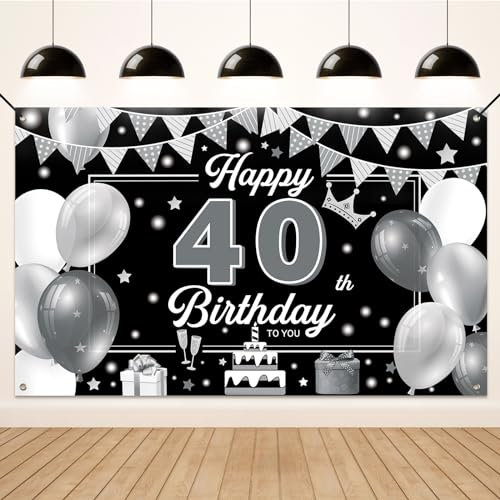 Koliphy Pancarta 40 Cumpleaños, Decoracion 40 Cumpleaños para Hombre y Mujer, Tela Pancarta de Fiesta Cumpleaños para Interiores y Exteriores, 180 x 110cm(Negro Plata)