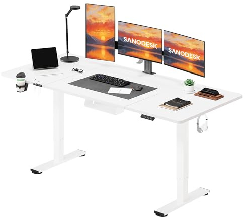 SANODESK Height Adjustable Electric Standing Desk 180 x 80 cm, White | Smart Control Panel with Memory Function, Integrated Hooks & Cup Holder, Ideal for Gaming and Home Office