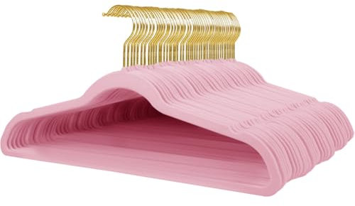 Stormix Confezione Da 52 Grucce in Velluto, 17,3 x 8,9 Pollici Grucce Antiscivolo Con Tacche Sulle Spalle Per Adulti Rosa Scuro(Gancio Oro)