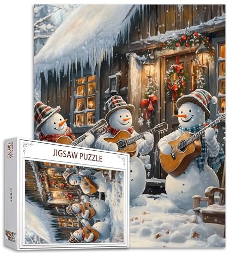 Frohe Weihnachten 1000 Stück Puzzles für Erwachsene Schneemann spielt Gitarre Malerei Jigsaw Puzzle Winterlandschaft 1000 Stück Puzzles Spiel Home Wall Decor DIY Craft Holzhaus Puzzle Kunstgeschenk