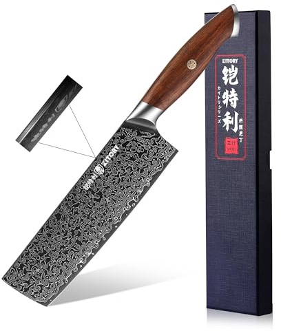 Damascus Nakiri Knife 7.5, Japanese Chef`s Usuba, HC Super-Steel cutting core, Full Tang Sandalwood Handle, w/t gift box