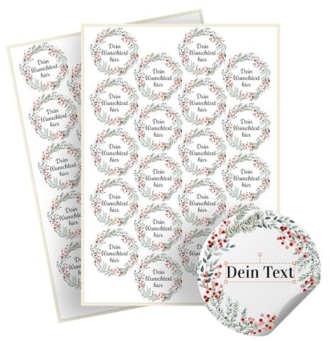 Weihnachtssticker selbst gestalten – 40 personalisierte Aufkleber - Stickerbögen – rund, Ø 5 cm – Weihnachtsetiketten als Geschenkaufkleber – Sticker mit Namen - Kranz - Motiv 1