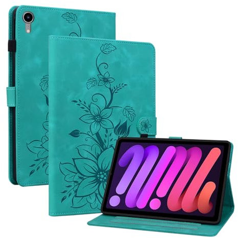 Rosbtib Coque pour iPad Mini 7 2024 modèle A17 Pro 7 gén/iPad Mini 6 (6 gén 2021) 8.3, Multi-Angles de Visualisation Housse de Protection en Similicuir avec Porte-Carte Couverture Motif Lys, Vert