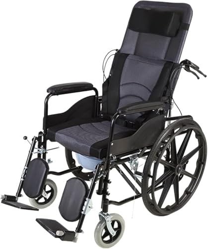 Fauteuil roulant mobile confortable d'extérieur pour adultes, chaise percée inclinable à dossier haut, fauteuil roulant pliable entièrement inclinable