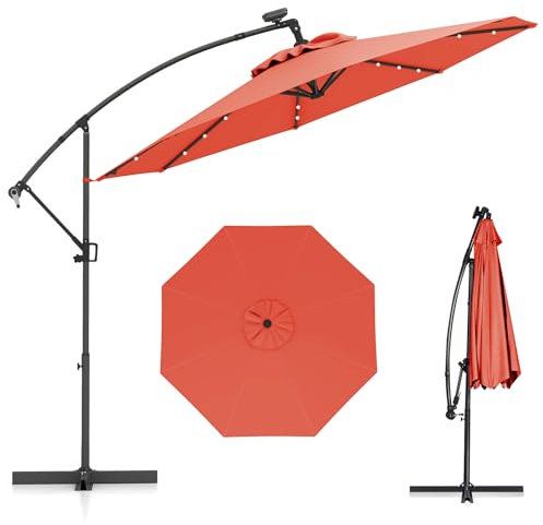 COSTWAY Sonnenschirm 300 cm, Ampelschirm mit 32 Solar-LED-Leuchten und Kurbel, Neigungswinkel verstellbar, Gartenschirm, Marktschirm, Terrassenschirm für Garten, Pool, Terrasse (Orange)