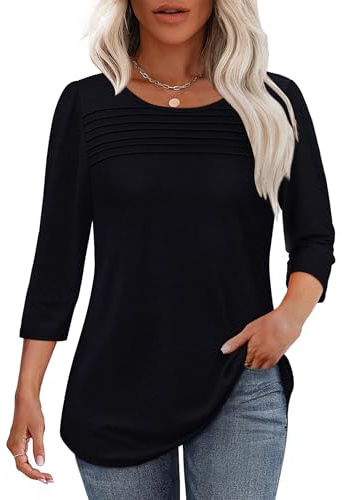 Aokosor Womens Tops 3/4 Sleeve Tops for Women UK Ladies Blouses Crew Neck Pleated Tunic Shirts Curved Hem Black Size 18-20 XL