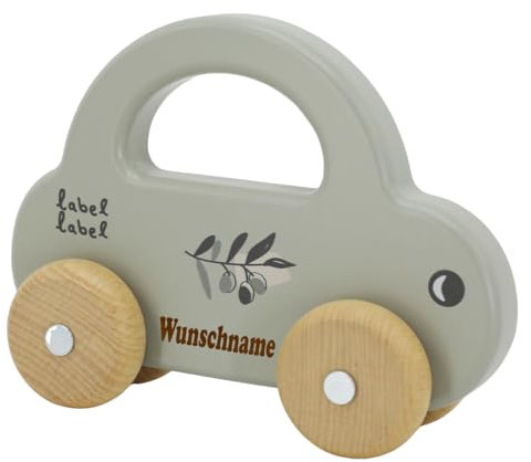 Elefantasie Spielzeug Auto aus Holz Mint personalisierbar mit Name Holzauto Baby Geschenk mit Gravur (Oliv)