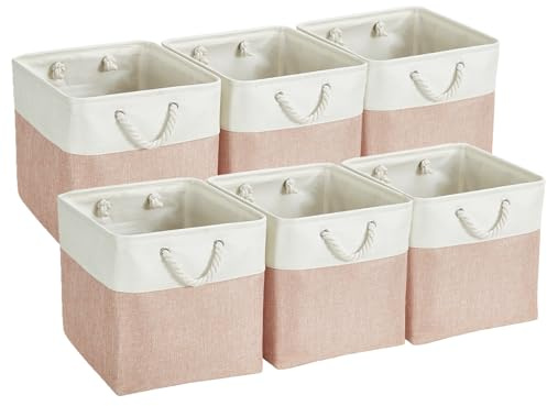 Mangata Canvas-Aufbewahrungsboxen, 33cm große Würfel-Aufbewahrungsbehälter, 6er-Set, Stoffkörbe mit Baumwollseilgriff zum Ordnen von Kleidung, Kinderzimmer, Zuhause (Rosa/Weiß)