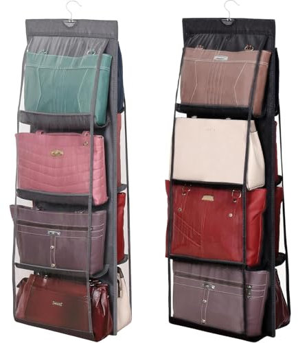 YUNYU Pack of 2 Hanging Bag Storage - Handbag Organiser with 8 Clear Compartments and Strong Hook - for Wardrobe/Drawers (Black + Grey), 35 x 110 cm