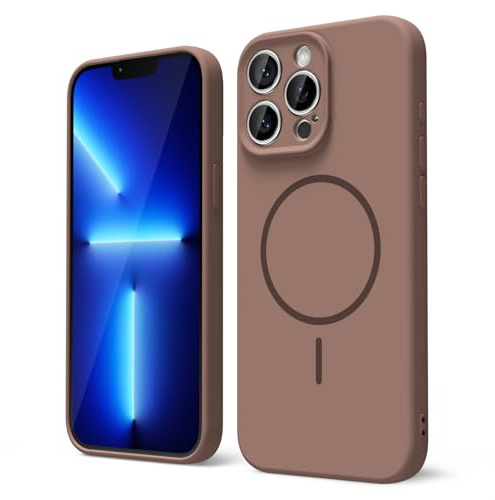 oakxco for iPhone 13 Pro Max Case Silicone Mag Safe, Magnetic Slim Thin Phone Case Compatible with Magsafe, Women Girls Cute Girly Aesthetic Soft Rubber Gel Safecase with Camera Cover, Brown