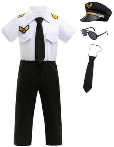 Dressy Daisy Boys Pilot Aviator Costume Captain Uniform with Hat Tie Sunglasses for Kids Halloween Career Day Pretend Play Birthday Gift Dress Up Set Size 10